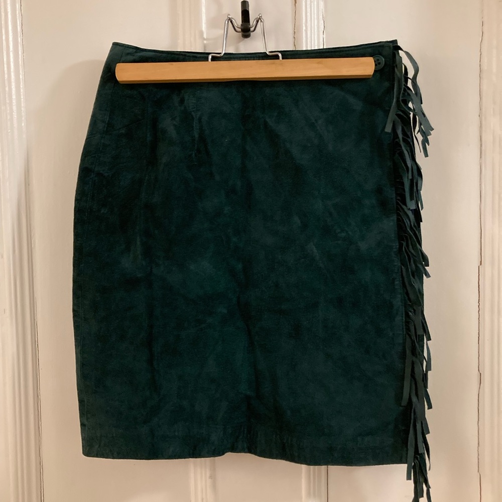 Green suede fringe mini skirt